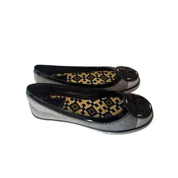 Tory Burch women Channing Reva Black And White Canvas Patent Leather shoes 7