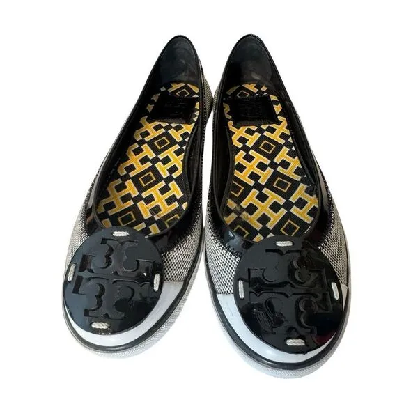 Tory Burch women Channing Reva Black And White Canvas Patent Leather shoes 7