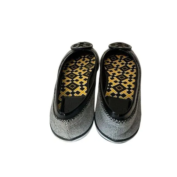 Tory Burch women Channing Reva Black And White Canvas Patent Leather shoes 7