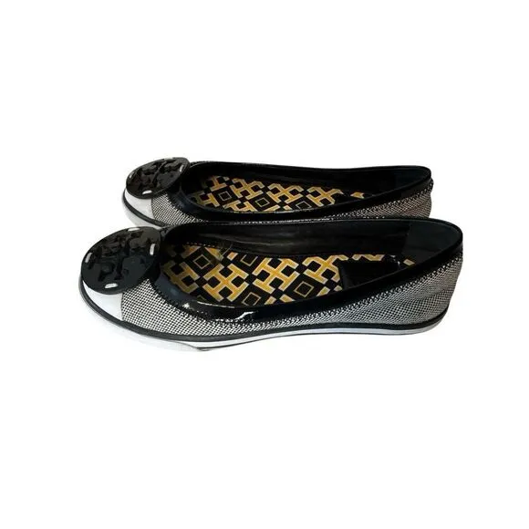 Tory Burch women Channing Reva Black And White Canvas Patent Leather shoes 7