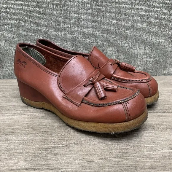 TROTTERS Vntg 70s Dark Orange Brown Leather Oxford‎ Loafers Wedges Shoes Sz 7 M