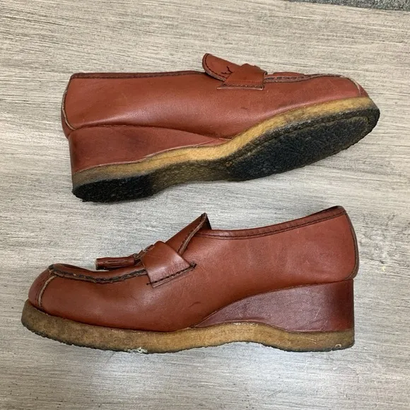 TROTTERS Vntg 70s Dark Orange Brown Leather Oxford‎ Loafers Wedges Shoes Sz 7 M