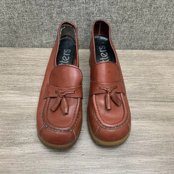 TROTTERS Vntg 70s Dark Orange Brown Leather Oxford‎ Loafers Wedges Shoes Sz 7 M