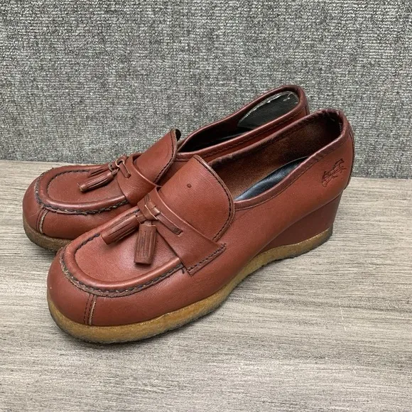 TROTTERS Vntg 70s Dark Orange Brown Leather Oxford‎ Loafers Wedges Shoes Sz 7 M