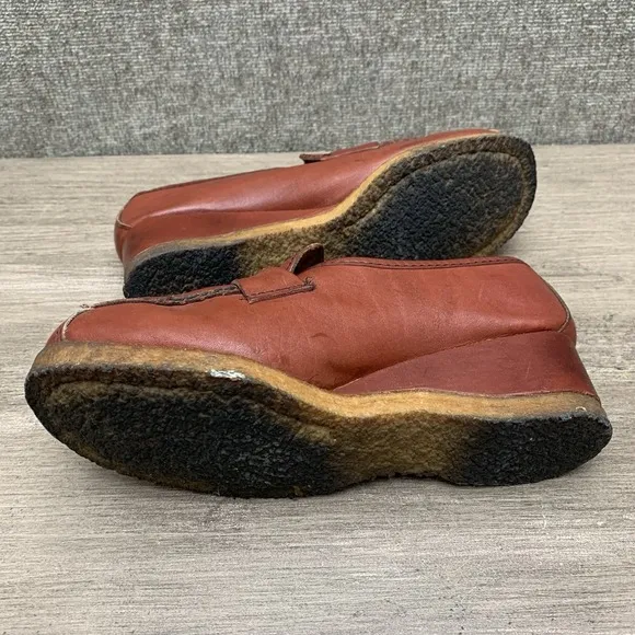 TROTTERS Vntg 70s Dark Orange Brown Leather Oxford‎ Loafers Wedges Shoes Sz 7 M