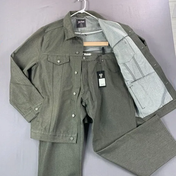 Trust Jeans 2 Piece Jacket &amp; Pants Mens 3XL Olive Denim Y2K 90s Baggy Hip-Hop