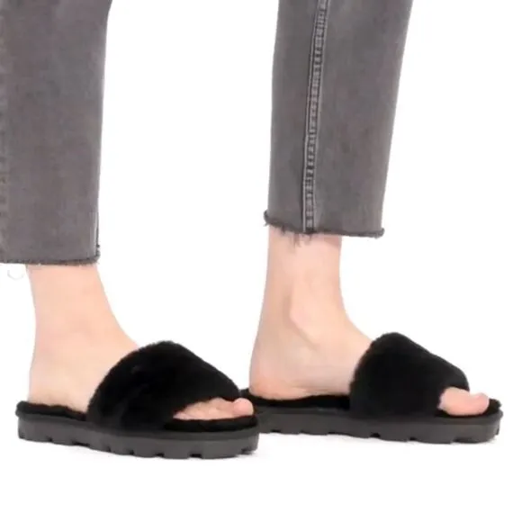 UGG Cozette Shoes Black Fur Slides New Size 10