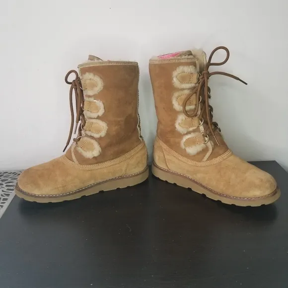 Ugg Womens Boots 7 Rommy Chestnut Suede Leather Sherpa Fur Lined Lace Up Shoes