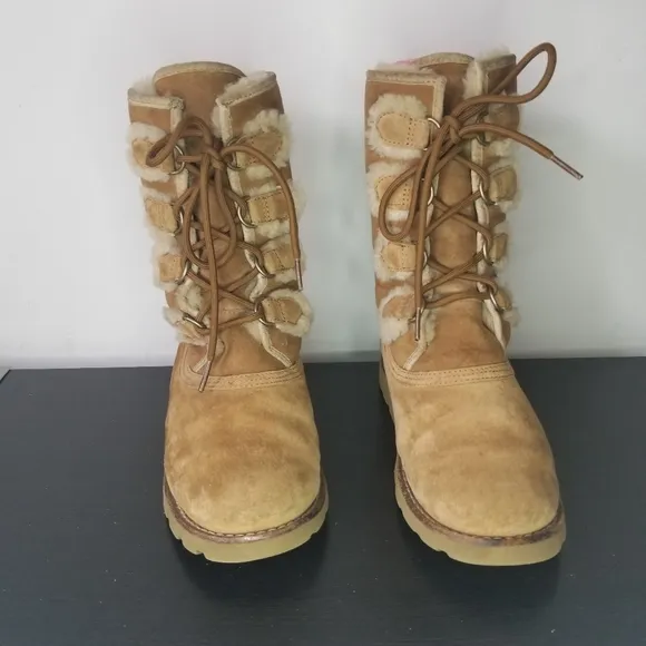 Ugg Womens Boots 7 Rommy Chestnut Suede Leather Sherpa Fur Lined Lace Up Shoes
