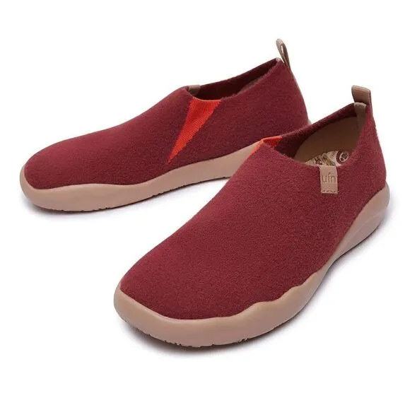 UIN Women's Walking Shoes Slip On Casual Comfort Loafer(Fire Brick Knitted Wool)