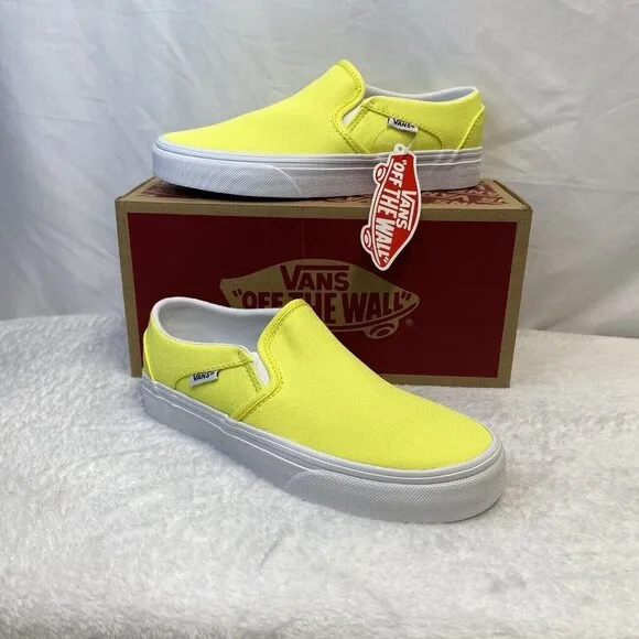 VANS Asher Canvas Casual Slip-On Sneakers Shoes Women Sz 5.5 Neon Yellow/White