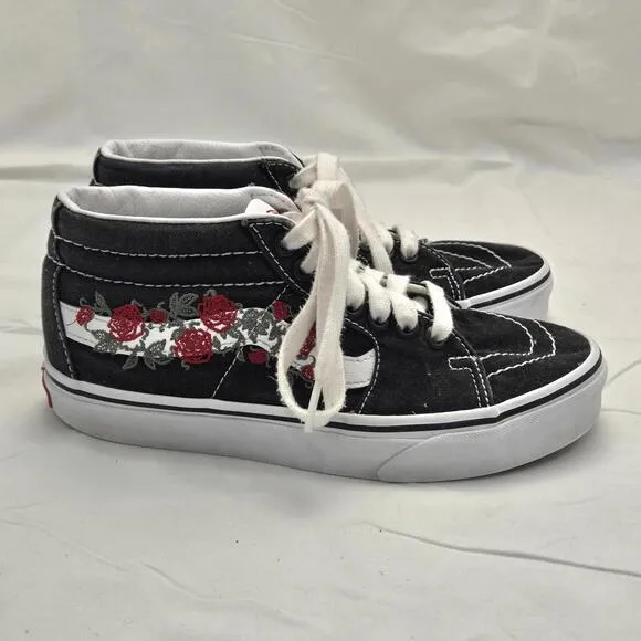 Vans Black Rose Thorn Embroider Old Skool Mid-Top Canvas Sk8 Sneakers W-6.5 M-5