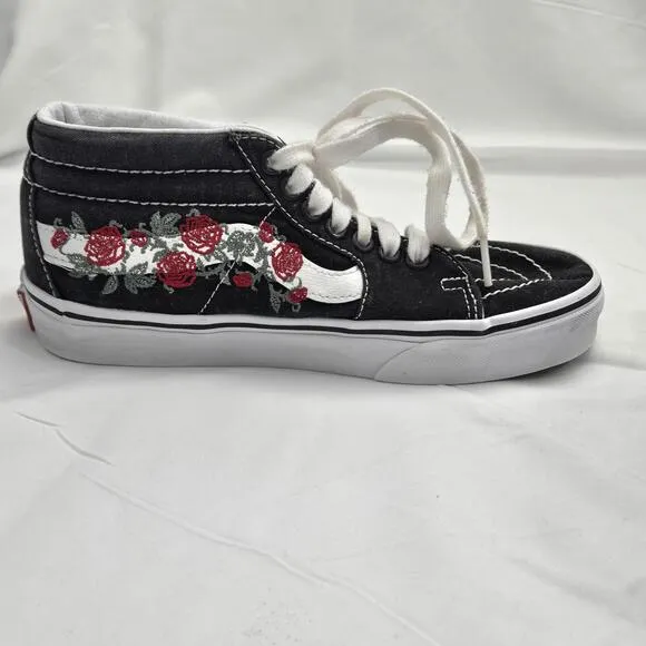 Vans Black Rose Thorn Embroider Old Skool Mid-Top Canvas Sk8 Sneakers W-6.5 M-5