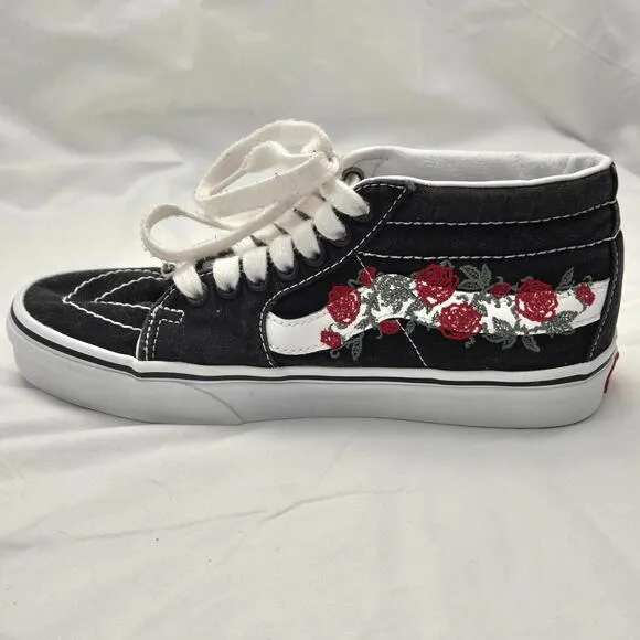 Vans Black Rose Thorn Embroider Old Skool Mid-Top Canvas Sk8 Sneakers W-6.5 M-5