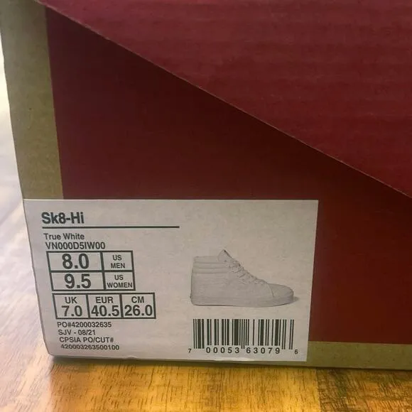 VANS Canvas Sk8-Hi True White Sneaker Shoes NEW Unisex Size M8/W9.5