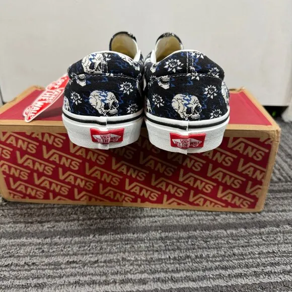 Vans Classic Slip-On shoes “flash skull” blue and black street sneakers punk