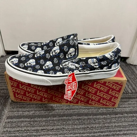 Vans Classic Slip-On shoes “flash skull” blue and black street sneakers punk