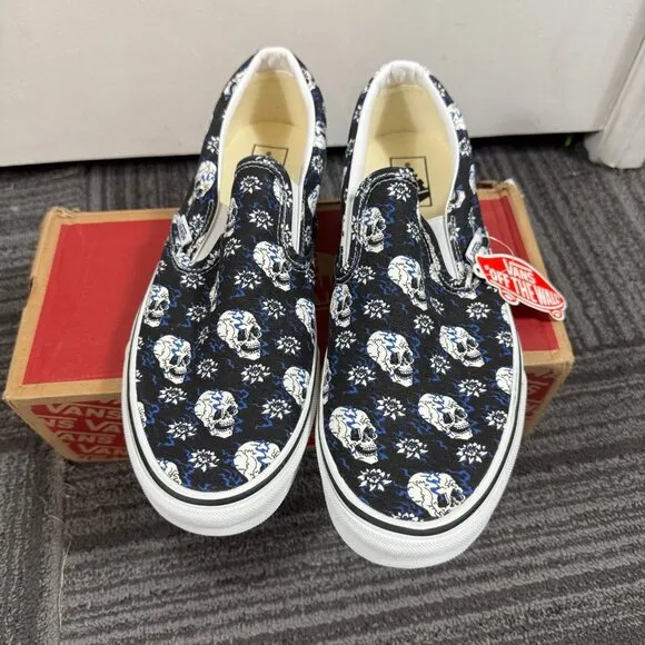 Vans Classic Slip-On shoes “flash skull” blue and black street sneakers punk