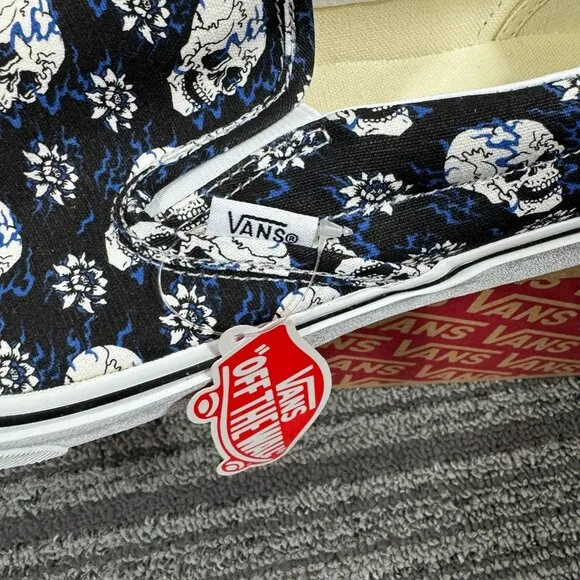 Vans Classic Slip-On shoes “flash skull” blue and black street sneakers punk