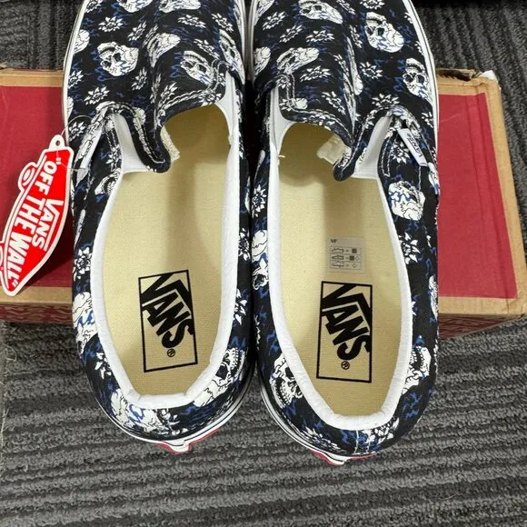 Vans Classic Slip-On shoes “flash skull” blue and black street sneakers punk