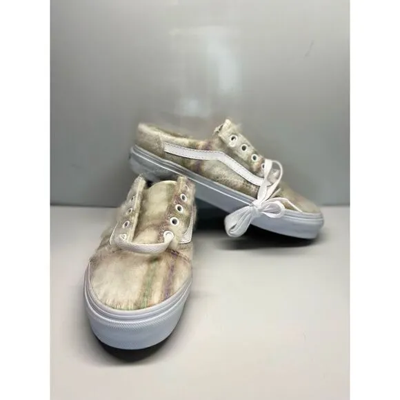 Vans Old Skool Mule (Soft Plaid) Marshmallow Faux Fur Shoes Women Sz 6.5 Men 5