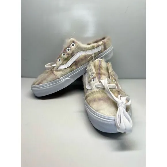 Vans Old Skool Mule (Soft Plaid) Marshmallow Faux Fur Shoes Women Sz 6.5 Men 5