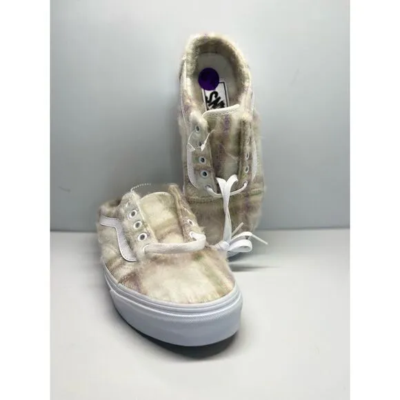 Vans Old Skool Mule (Soft Plaid) Marshmallow Faux Fur Shoes Women Sz 6.5 Men 5