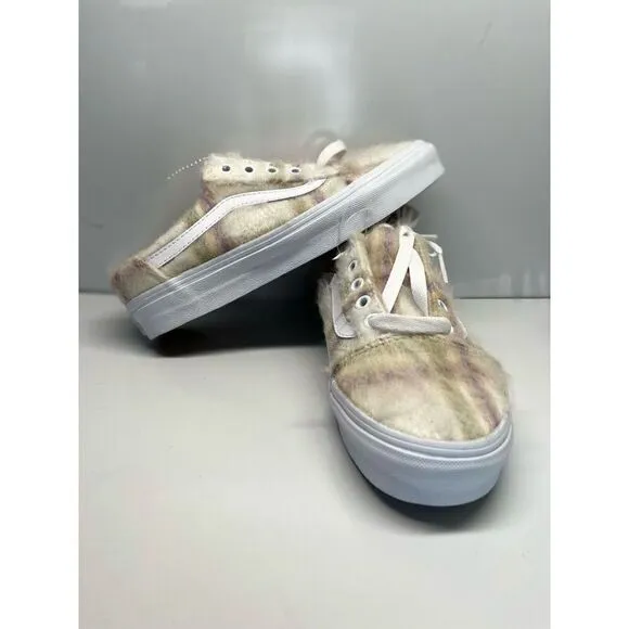 Vans Old Skool Mule (Soft Plaid) Marshmallow Faux Fur Shoes Women Sz 6.5 Men 5