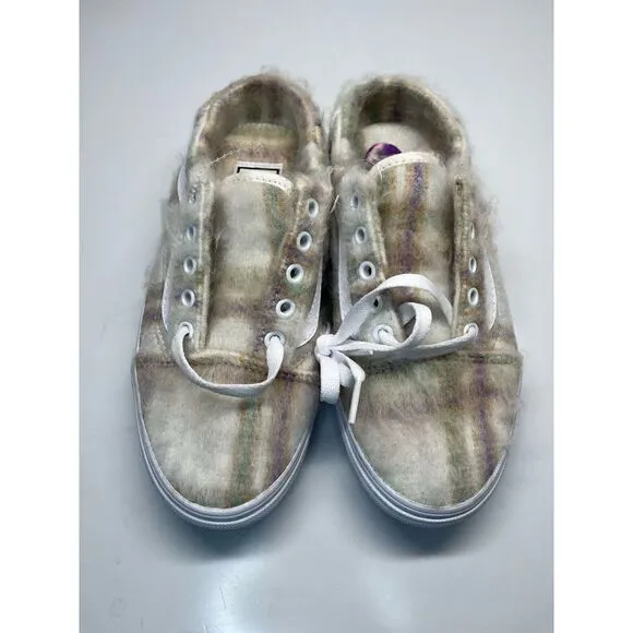 Vans Old Skool Mule (Soft Plaid) Marshmallow Faux Fur Shoes Women Sz 6.5 Men 5