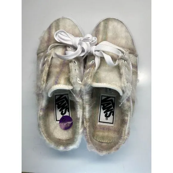 Vans Old Skool Mule (Soft Plaid) Marshmallow Faux Fur Shoes Women Sz 6.5 Men 5
