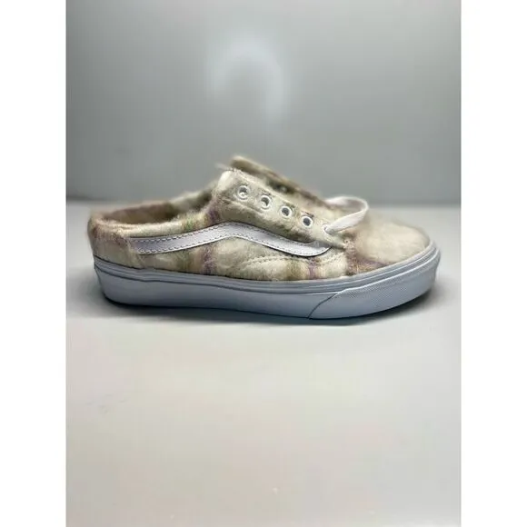 Vans Old Skool Mule (Soft Plaid) Marshmallow Faux Fur Shoes Women Sz 6.5 Men 5