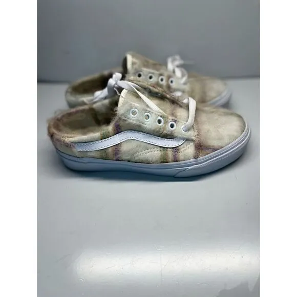 Vans Old Skool Mule (Soft Plaid) Marshmallow Faux Fur Shoes Women Sz 6.5 Men 5