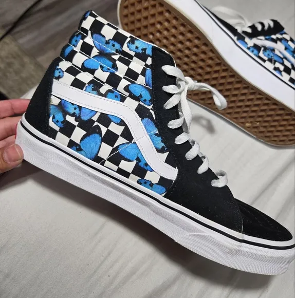 VANS SK8-HI Suede Canvas Blue Butterflies Black White Checkered Shoes Unisex