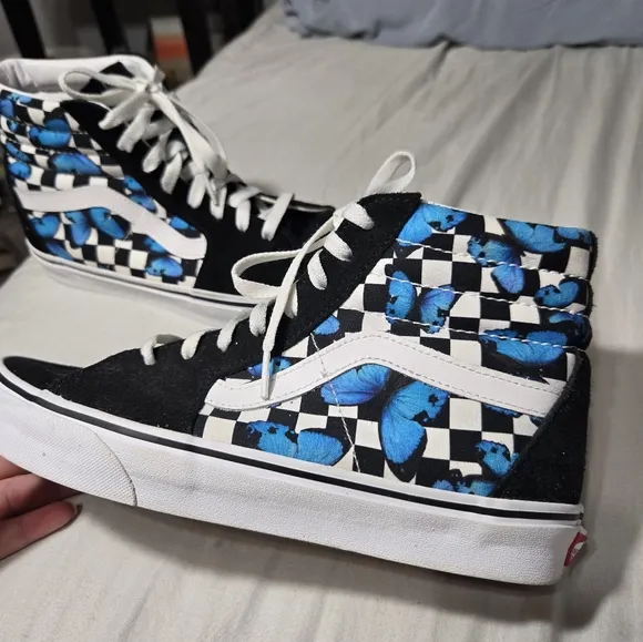 VANS SK8-HI Suede Canvas Blue Butterflies Black White Checkered Shoes Unisex