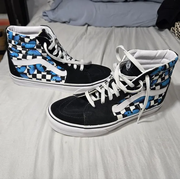 VANS SK8-HI Suede Canvas Blue Butterflies Black White Checkered Shoes Unisex