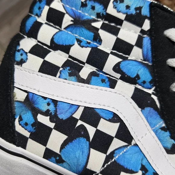 VANS SK8-HI Suede Canvas Blue Butterflies Black White Checkered Shoes Unisex