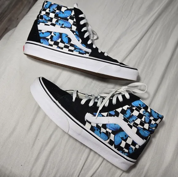 VANS SK8-HI Suede Canvas Blue Butterflies Black White Checkered Shoes Unisex