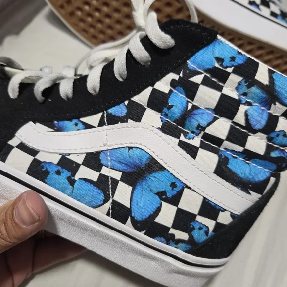 VANS SK8-HI Suede Canvas Blue Butterflies Black White Checkered Shoes Unisex