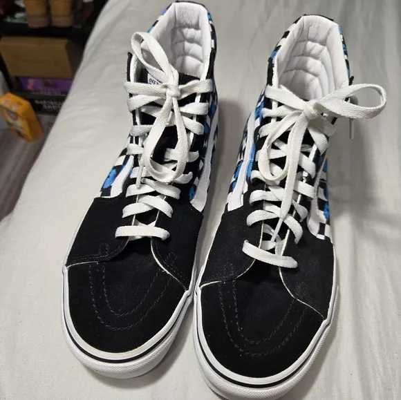 VANS SK8-HI Suede Canvas Blue Butterflies Black White Checkered Shoes Unisex
