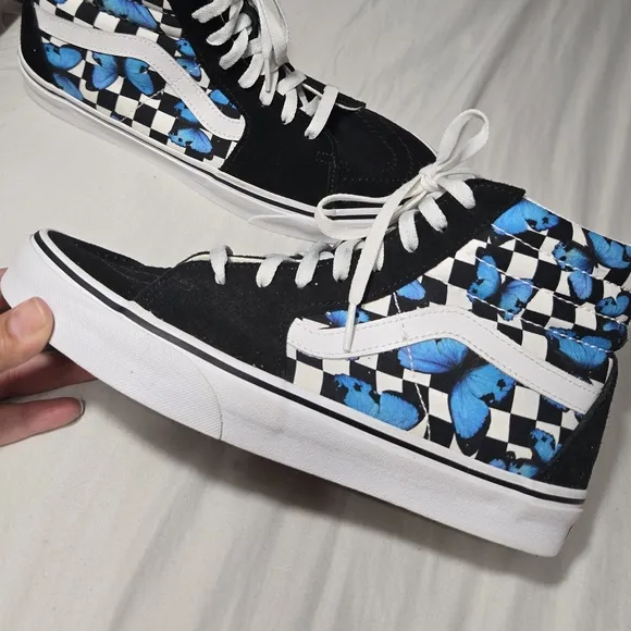 VANS SK8-HI Suede Canvas Blue Butterflies Black White Checkered Shoes Unisex