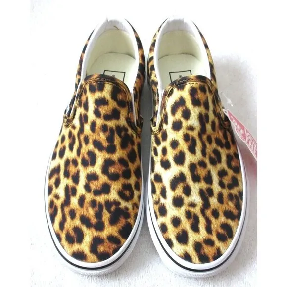 Vans Women's Classic Slip On Leopard Black True White Canvas Shoes Sizes NIB