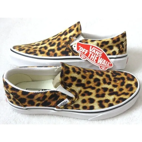 Vans Women's Classic Slip On Leopard Black True White Canvas Shoes Sizes NIB