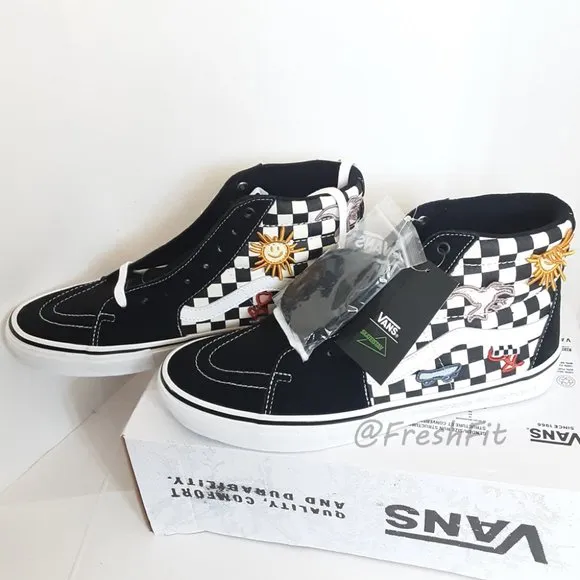 🆕Vans x Skateistan Skate Sk8-Hi Checkerboard Shoes Black/White Mens 12