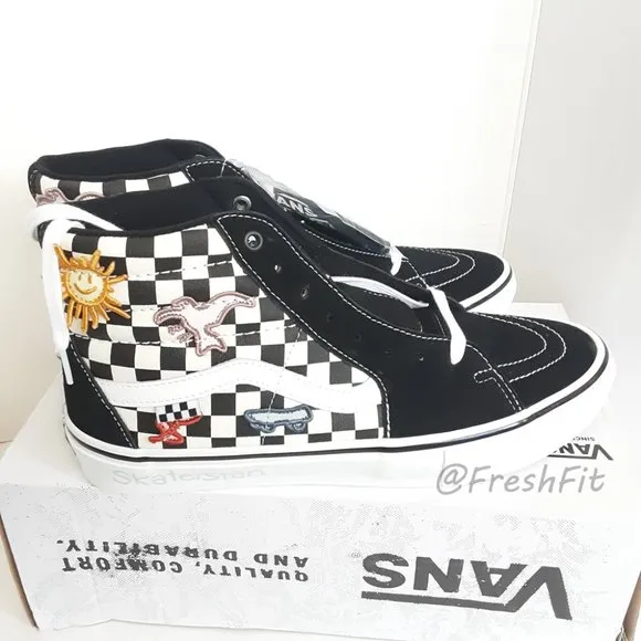 🆕Vans x Skateistan Skate Sk8-Hi Checkerboard Shoes Black/White Mens 12