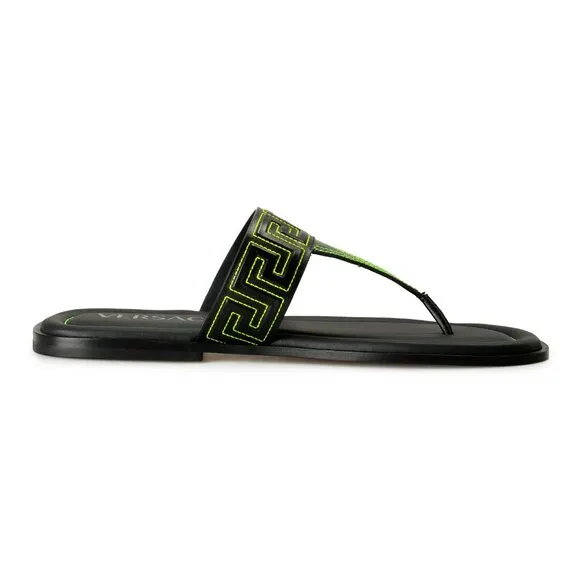 Versace Men's Black &amp; Green Leather Pool Slide Flip Flops Shoes US 8.5 IT 41.5
