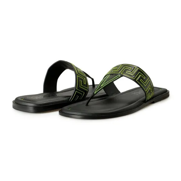 Versace Men's Black &amp; Green Leather Pool Slide Flip Flops Shoes US 8.5 IT 41.5