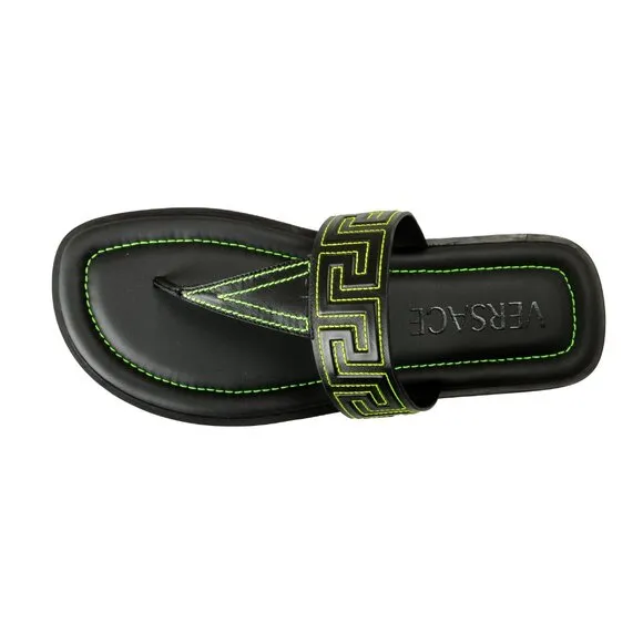 Versace Men's Black &amp; Green Leather Pool Slide Flip Flops Shoes US 8.5 IT 41.5