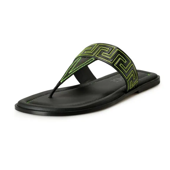 Versace Men's Black &amp; Green Leather Pool Slide Flip Flops Shoes US 8.5 IT 41.5