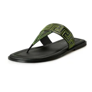 Versace Men's Black &amp; Green Leather Pool Slide Flip Flops Shoes US 9 IT 42