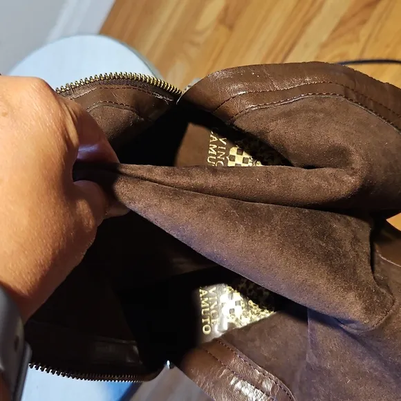 Vincent Camuto Leather Gold Zipper Brown Boots